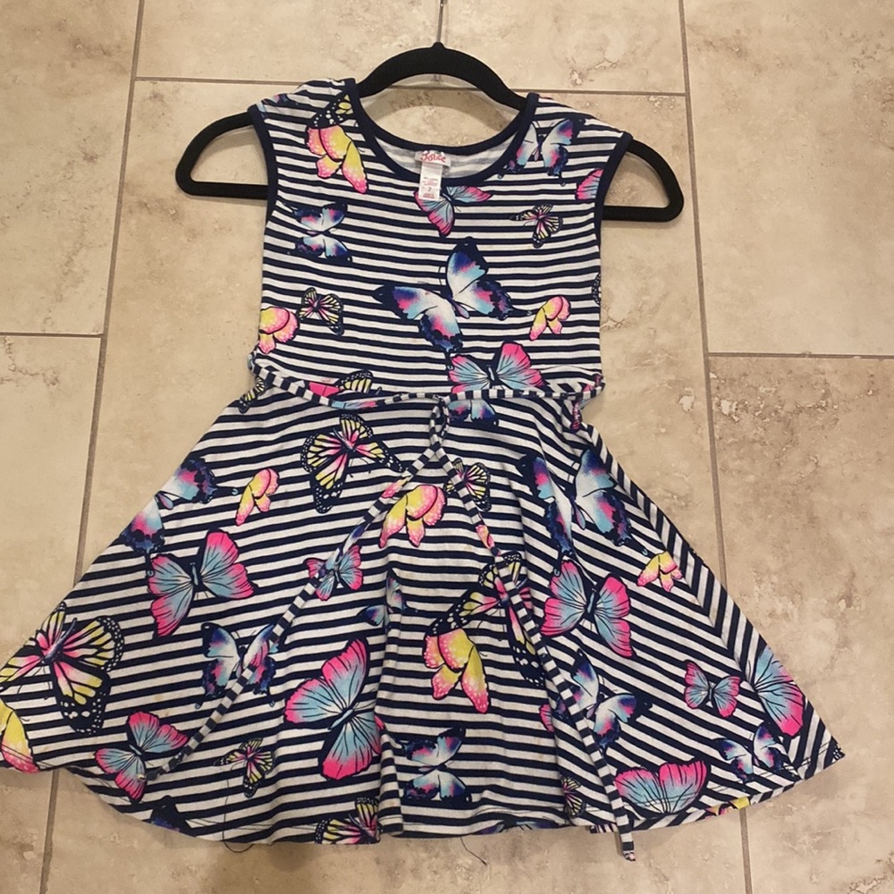 Girls Justice butterfly dress size 7 reg. multicolored w/navy stripe knee length